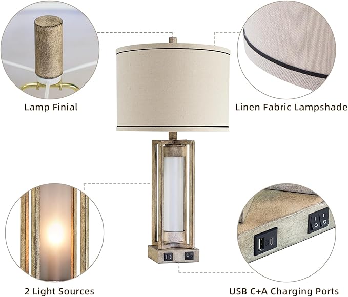 RORIANO 25" Set of 2 Farmhouse Table Lamps for Living Room with USB A+C Ports, Rustic Nightstand Lamp with White Night Light, Vintage Desk Lamp for Entryway Bedroom End Table, 4 Bulbs Included