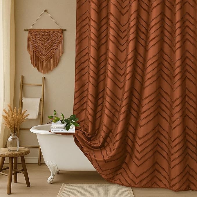 Extra Long Orange Boho Shower Curtain 84 inch Shower Curtain, Tufted Chevron Striped Modern Chic Textured Minimalist Bathroom Shower Curtain