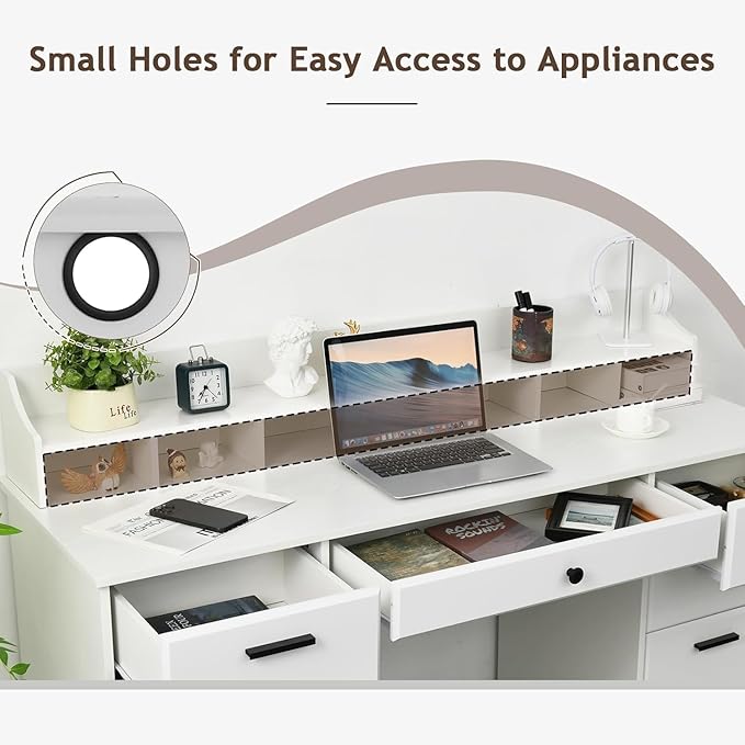 White Desk with 6 Drawers, 58 Inch Executive Desk with Hutch, White Wood Computer Desk with Storage for Bedroom, Home Office Desk with File Cabinet