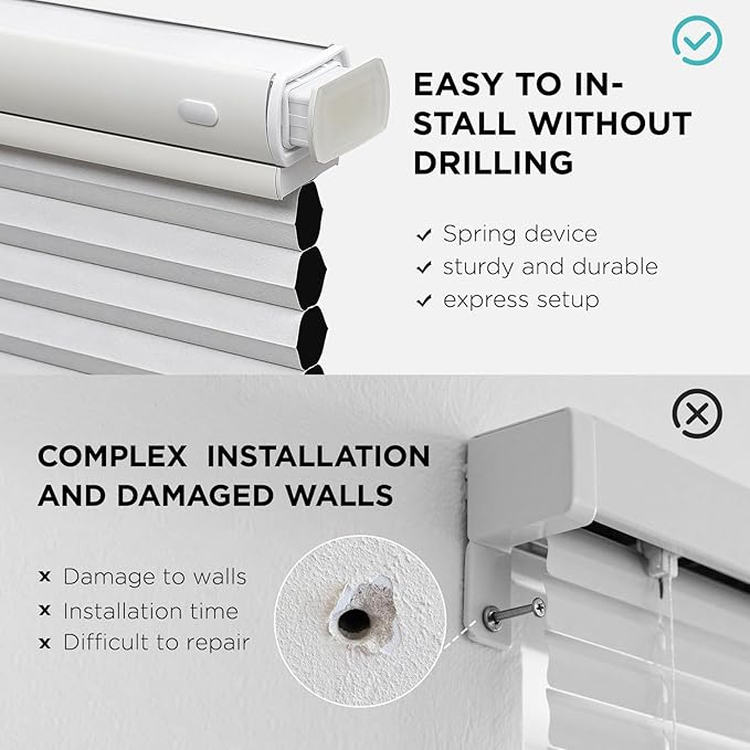 Joydeco No Tools No Drill Blinds for Indoor Windows, Cordless Window Blinds Cellular Shades Top Down Bottom Up Blackout Honeycomb Blinds Thermal Insulated Noise Reduction (White, 25" W x 64" H)