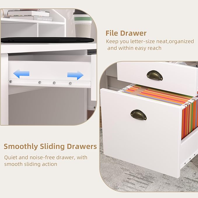 4 EVER WINNER White Desk with Drawers, Small Desk with File Drawer for Small Spaces, Computer Desk with Monitor Stand Wood Table for Home Office, White