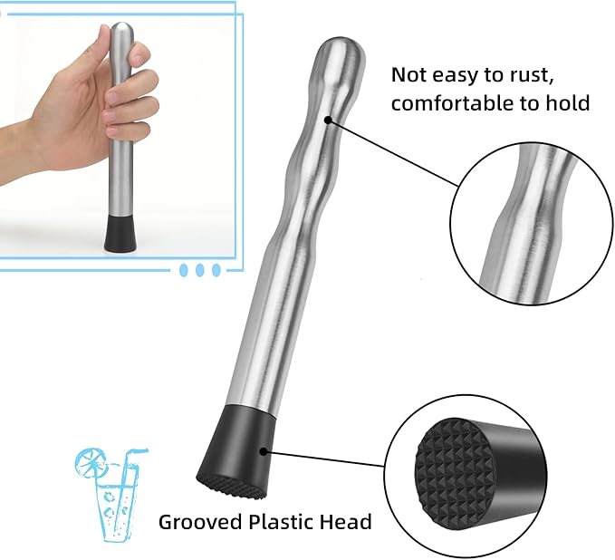 Stainless Steel Cocktail Muddler & Long Handle Stirring Spoon 2-Piece Set - Professional Bartender Tools for Mojitos, Fruit Drinks & Cocktail Mixing