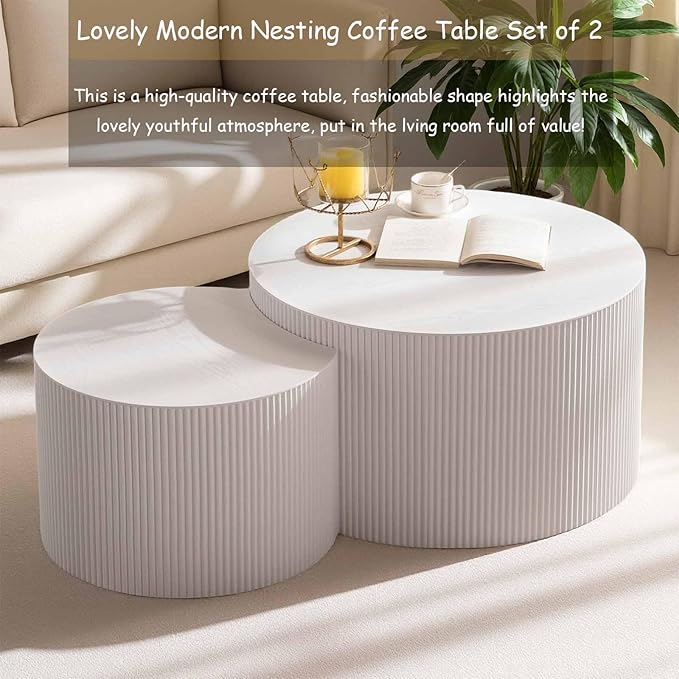 Modern Round Nesting Coffee Table Set of 2, Vertical Stripe Design Drum Coffee Table Cocktail Table, Round Side Table for Living Room, Bedroom, Office, Balcony (A19.7+27.6")