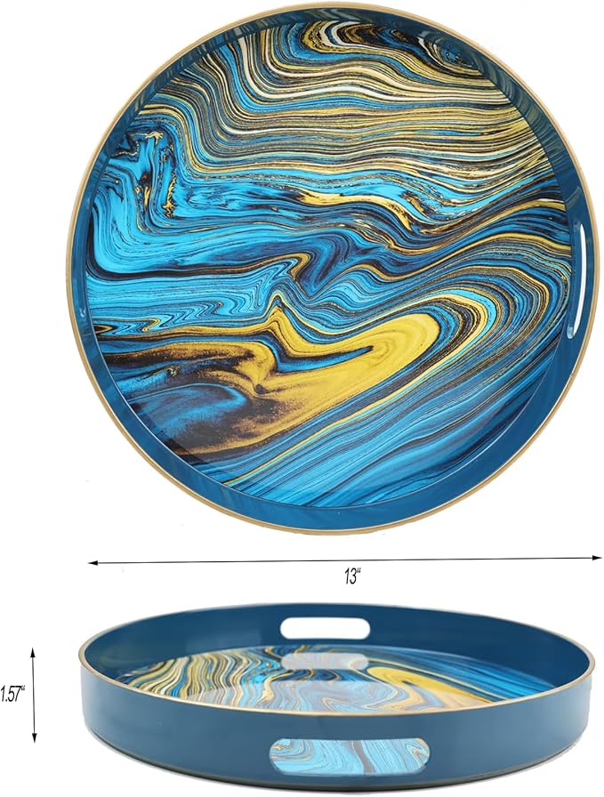 Spsyrine Round Decorative Tray, 13" Plastic Marble Serving Tray with Handles for Breakfast, Ottoman, Coffee Table, Bathroom, Kitchen, Living Room