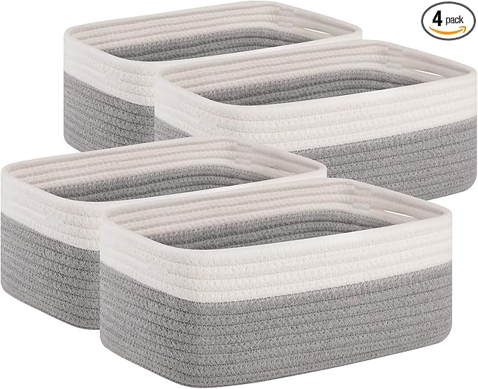 OIAHOMY 4 Pack Storage Baskets for Organizing, Small Bins for Shelves, Cute Decorative Storage Bins, Organizer Baskets for Gifts Empty, 13.8''Lx9.8''Wx5.5''H, Grey/White