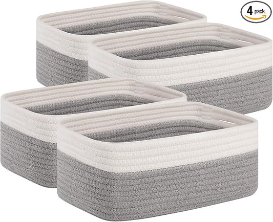 OIAHOMY 4 Pack Storage Baskets for Organizing, Small Bins for Shelves, Cute Decorative Storage Bins, Organizer Baskets for Gifts Empty, 13.8''Lx9.8''Wx5.5''H, Grey/White