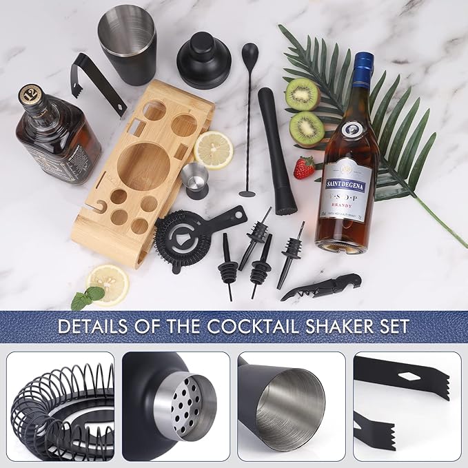12Pcs-Cocktail Shaker Set Stainless Steel Bartending Kit 18.6oz Cocktail Bar Set Cocktail Mix Drink Making Kit Professional Bar and Home Drink Bar Tools for Bartender (Matte Black, 12Pcs)