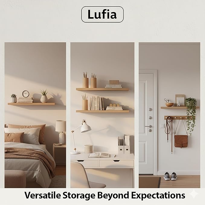 Lufia Floating Wall Shelves, Set of 2, MDF with Invisible Brackets, Modern Storage for Bedroom, Bathroom, Living Room, Kitchen (Oak, 24" W x 7" D x 1.5" H)