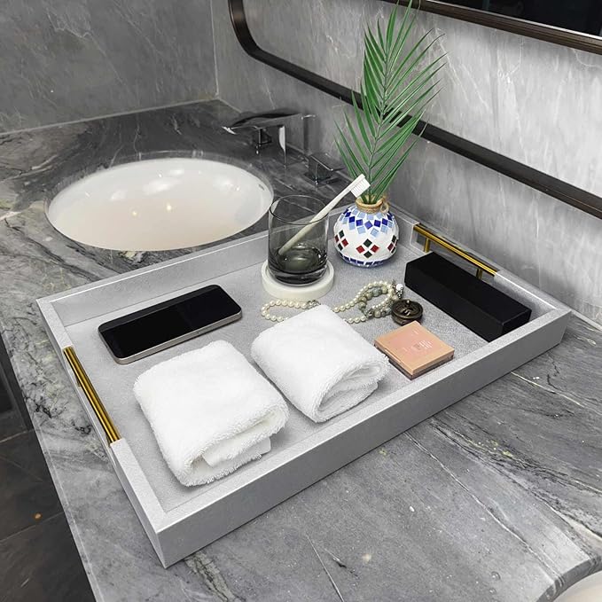 14x20 Inches Silver Faux Leather Wrapped Wood Serving Tray with Metal Handles for Various Occasions, Ottoman, Home Decor Decorative, Living Room, Coffee Table Organizer, Serving Breakfast On Bed