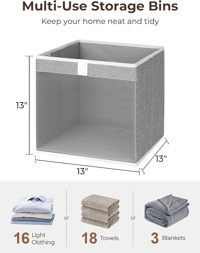 StorageWorks 13x13 Storage Cubes, Closet Storage Bins with Clear Window, Large Fabric Organizer for Clothes, Collapsible Storage Baskets with Handles, Gray, 3-Pack