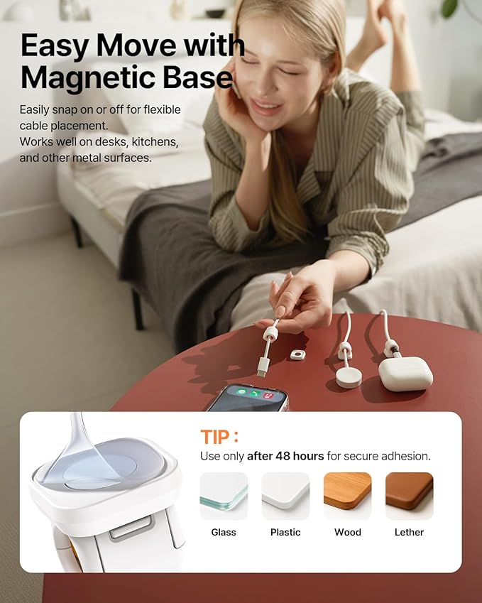 6 Pack Sinjimoru Magnetic Cable Clips, Compact Size Cord Organizer & Cable Management for Desk, Nightstand & Car, Fits up to 7.5mm Cables, White