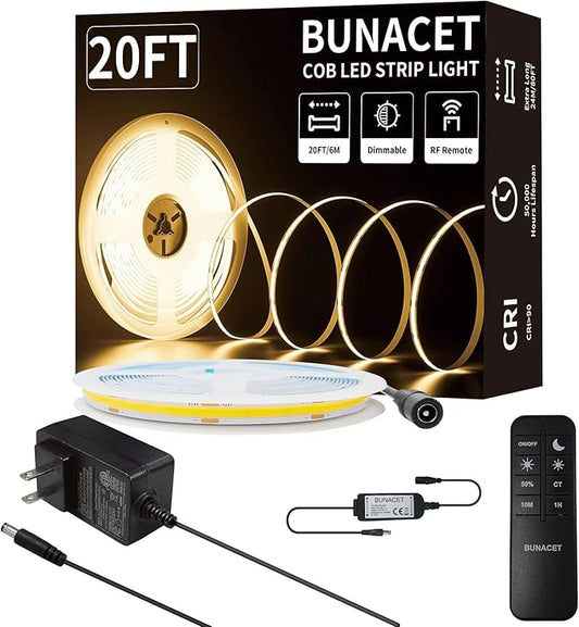COB LED Strip Lights, Bright COB LED Lights 20ft LED 3000K Cool White Dimmable LED with RF Remote Under Cabinet Lighting for Bedroom Counter Kitchen