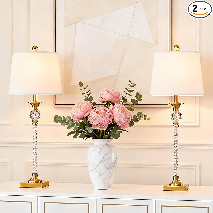 Maxax Crystal Buffet Table Lamps Set of 2, Modern 30” Tall Brass Gold Bedside Nightstand Lamp with White Shade for Living Room Bedroom End Table