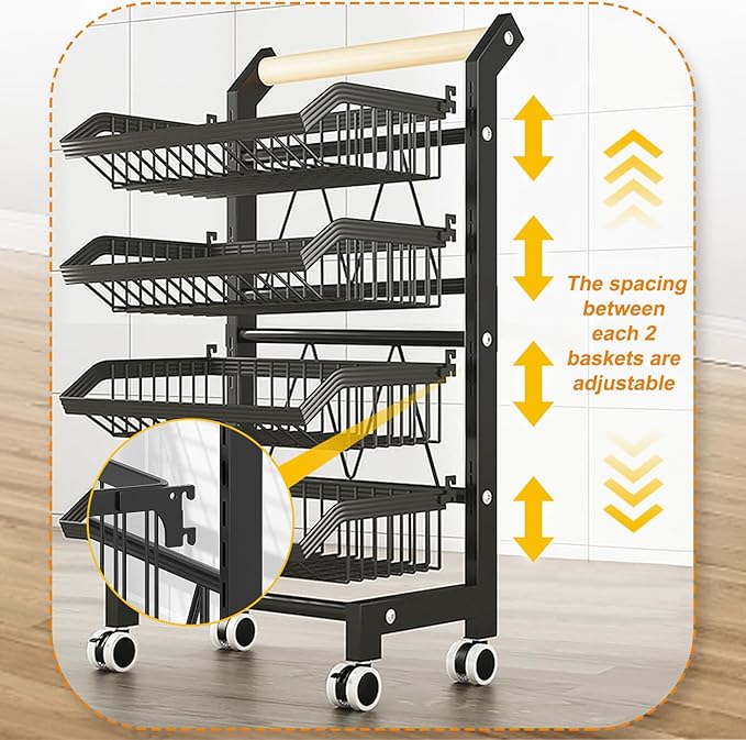 4-Tier Kitchen Utility Cart with Wheels - Versatile Mobile Storage Organizer with Adjustable Baskets for Kitchen, Pantry, Fruits, Vegetables, Snacks