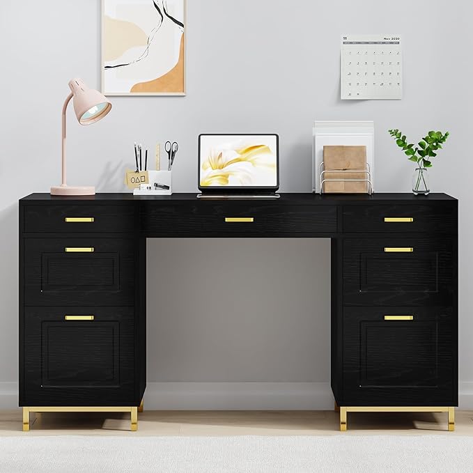 Black Computer Desk with 7 Drawers, 57 Inch Home Office Desk with File Drawers, Wood Modern Desk with Storage for Bedroom, Executive Desk with Golden Legs and Handles, Black and Gold