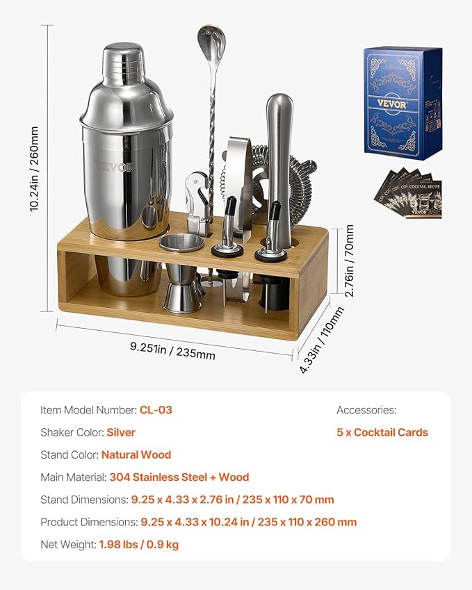 VEVOR Cocktail Shaker Set, 10-Piece Stainless Steel Bar Tools with Bamboo Stand, Martini Bartender Kit Accessories | Mixer Spoon, Muddler, Jigger, Strainer, Liquor Pourers, Ice Tong, Corkscrew, Silver