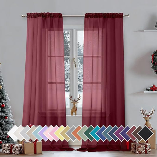 Aiyufeng Sheer Window Curtain Panels 90 Inch Long 2 Pieces, Voile Top Dual Rod Pocket Breathable Fashion Drapes Window Treatment for Wedding Ceremony/Bedroom/Living Room, 42W x 90L inches, Burgundy