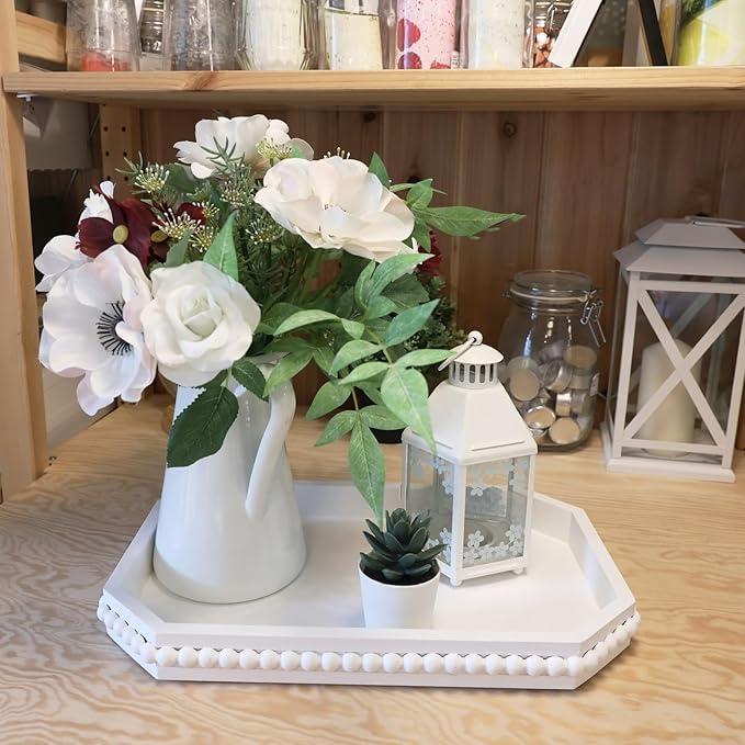 White Wood Serving Tray with Beads, Farmhouse Decorative Tray for Table Centerpiece, Christmas Wedding Halloween Home Decor