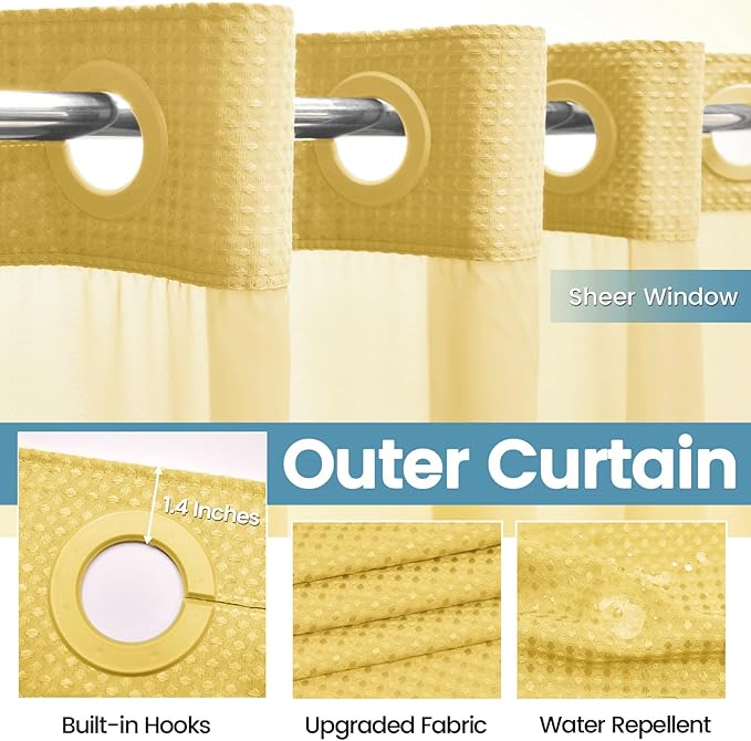 Yellow No Hook Shower Curtain with Snap in Liner,230GSM Waffle Weave Shower Curtains for Bathroom,71W x 74H