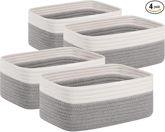 OIAHOMY 4 Pack Storage Baskets for Organizing, Small Bins for Shelves, Cute Decorative Storage Bins, Organizer Baskets for Gifts Empty, 11.8''Lx7.8''Wx4.7''H, Grey/White