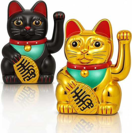 2 Pcs 5 Inch Lucky Cat Waving Arm Maneki Neko Lucky Fortune Cat Chinese Fengshui Welcoming Decoration for Home Office Restaurant Shop Gifts Decor Battery Operated (Battery Not Included)