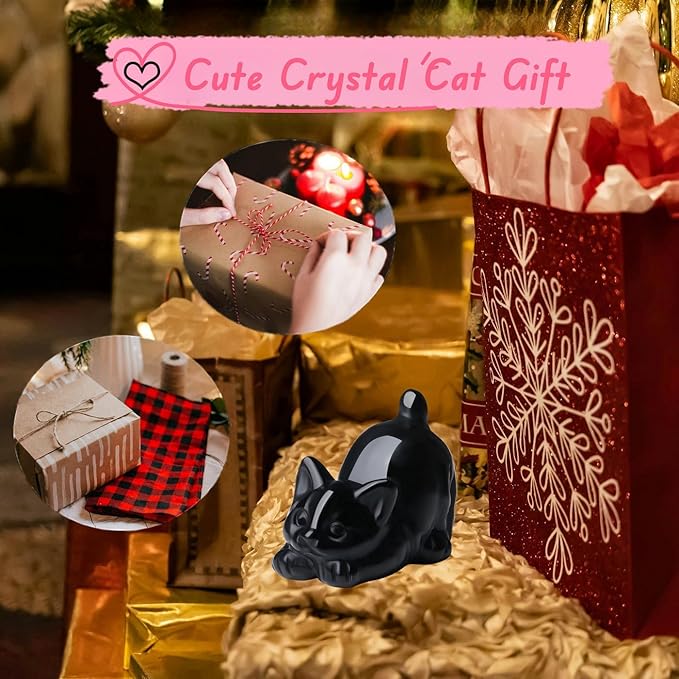 Black Obsidian Cat Decor Statue Figurine Crystals and Healing Stones Natural Gemstones Sculpture Carved Kitten Cute Office Room Home Decor Decoration for Cat Lovers Women Men