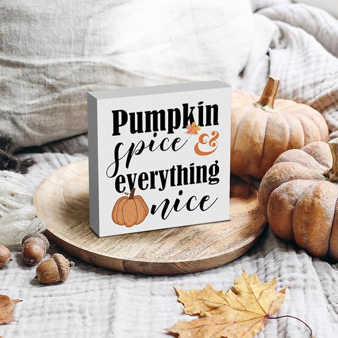 HTBIG Fall Wooden Box Sign Desk Decor, 5.1 X 5.1 Inch Pumpkin Autumn Wood Sign for Tiered Tray Decor for Home Living Room Harvest Day Thanksgiving Tabletop Decor-Pumpkin Spice Everything