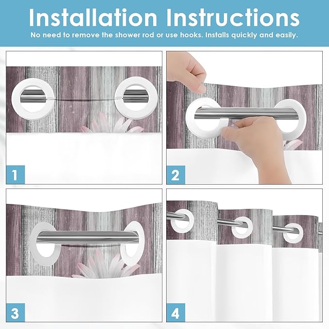 No Hook Flower Daisy Shower Curtain with Snap in Fabric Liner Set, Pink Rustic Farmhouse Double Layers Waterproof Fabric with See Through Top Window Open Grommet Bath Curtain 54x80 Inch