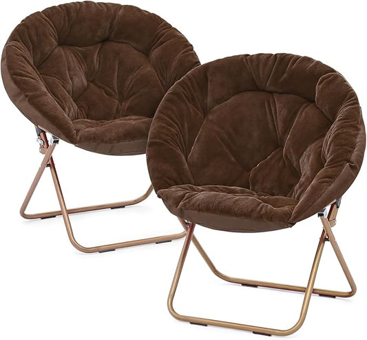 Magshion Saucer Chair for Adults, Comfy Living Room Lounge Chair for Bedroom Corner, Dorm, Apartment, Faux Fur Fluffy Circle Accent Seat with Thick Padded & Folding Metal Frame (Brown, Set of 2)