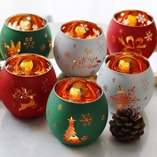 Christmas Votive Candle Holder Set of 6, Red Green White Glass Tealight Holder with 6 Laser Engraving Patterns for Winter Xmas Table Centerpiece Decor