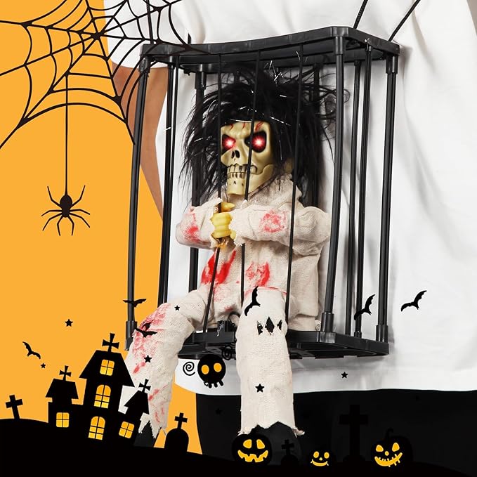 Animated Halloween Decorations, Skull Ghost Hanging Decoration Prop, Scary Skull Prisoner Halloween Decorations Props with Motion Sensor & Sound, Light Up Eyes, for Home Indoor Outdoor Decoration