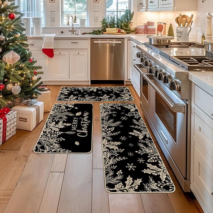 Artoid Mode Black Holly Pine Branches Merry Christmas Kitchen Mats Set of 2, Winter Decor Low-Profile Kitchen Rugs for Floor - 17"x29"+17"x36"+17"x47"
