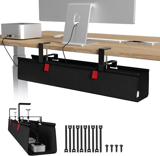 Univivi No Drill Under Desk Cable Management Tray, 28" Cord Organizer for Table, Clamp/Screw Mount Desk Cable Management, Premium Fabric Cable Management Tray for Office, Home