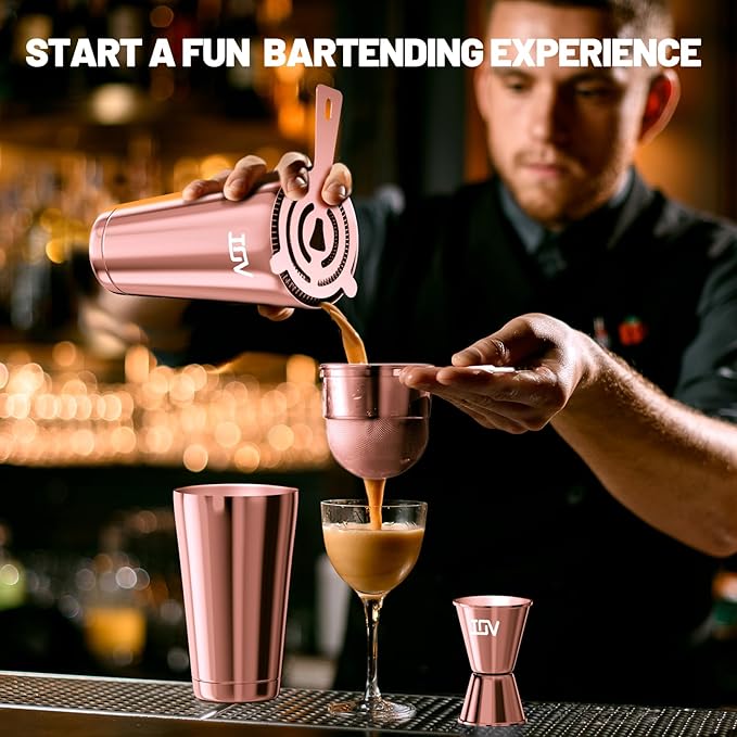IOV Boston Cocktail Shaker Bar Set, Bartender Kit Drink Mixer Set with 18 oz & 28 oz Boston Shakers, Hawthorne Strainer, Double Jigger, Bar Tool Kit and Recipe Booklet - Rose Gold