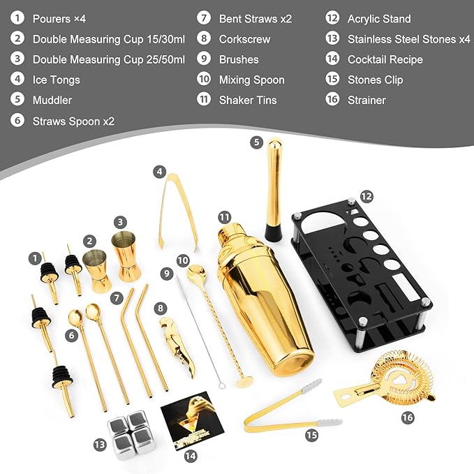 23 Piece Cocktail Shaker Set Bartender Kit with Acrylic Stand & Cocktail Recipes Booklet, Professional Bar Tools for Drink Mixing, Home, Bar, Party (Include 4 Whiskey Stones) - Gold