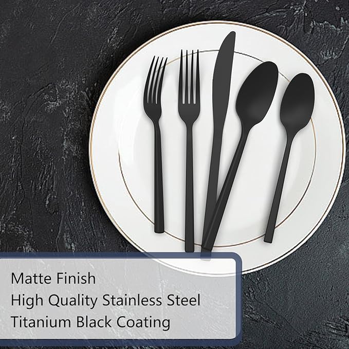 Cubic Matte Black 20-Piece Silverware Set, Forged Stainless Steel Flatware, Matte Finish Modern Cutlery Set, Service for 4, Dishwasher Safe