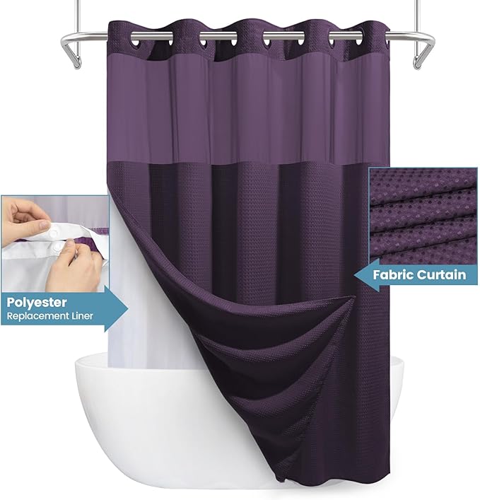 Purple Hotel Style Shower Curtain with Snap in Liner - 230GSM Waffle Textured,Hotel Grade,Spa Like Bath Curtain,71W x 74H