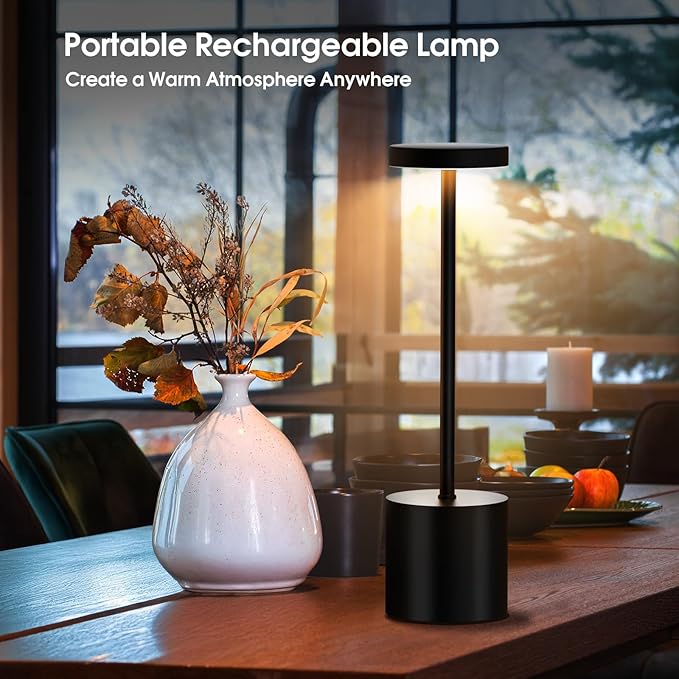 Cordless Table Lamp – 2 Pack Rechargeable Table Lamps, 5000mAh Battery Operated Lamp with 3-Color Dimmable Light, Outdoor Table Lamp for Bedroom, Restaurant, Patio, Home Décor (Black)