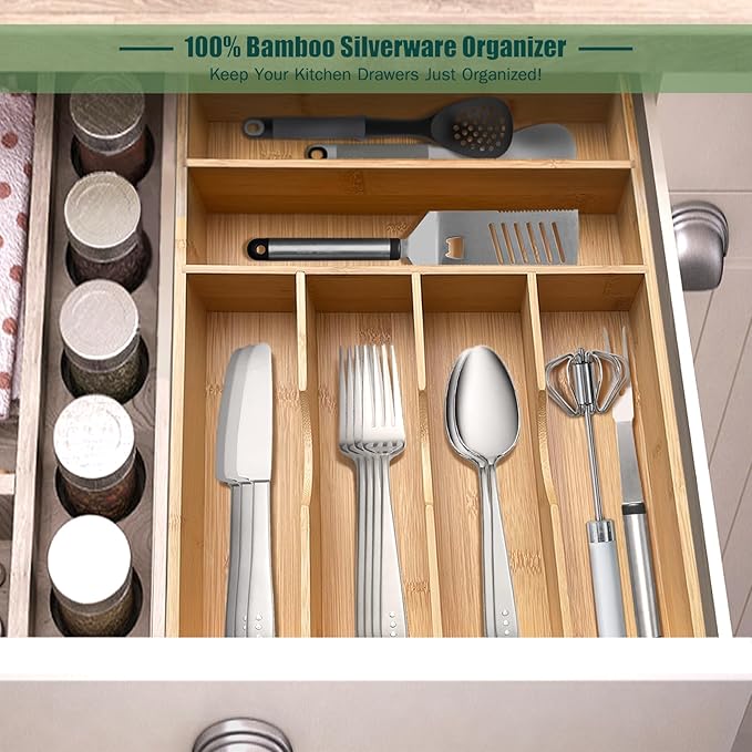Bamboo Kitchen Drawer Organizer, 11.6" W x 17" H Silverware Utensil Tray Holder, Wood Cutlery Tray for Silverware, Flatware, Bedroom, Organization of office supplies