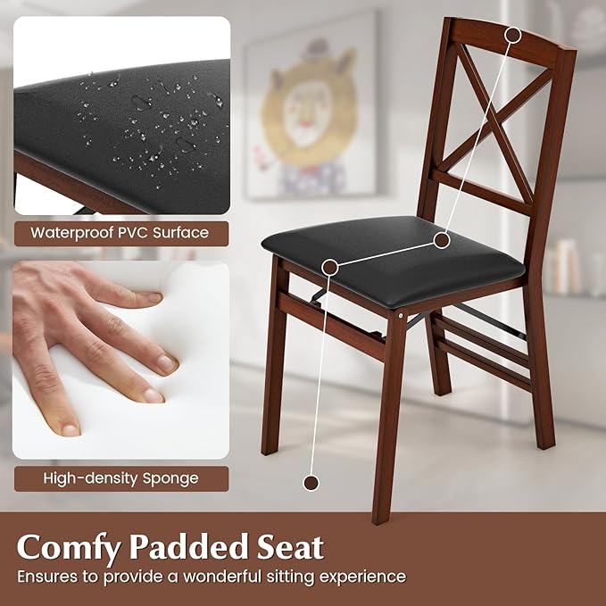 COSTWAY Folding Dining Chairs Set of 4, Upholstered Wooden Dining Room Chairs with X-Shaped Back, 400LBS Capacity and Solid Wood Frame for Kitchen Apartment (Brown & Black)