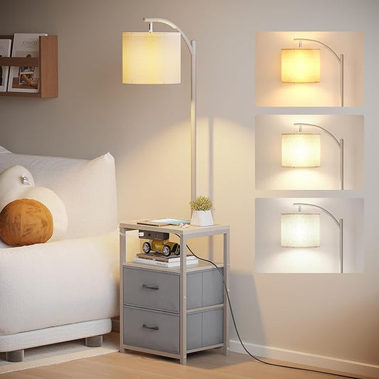 SUNMORY Floor Lamp with Table & 2 Drawers, Lamp with USB Port and Outlet, Lamps for Nightstand with 3 Color Temperature Led Bulb Included, Floor Lamps for Living Room, Bedroom and Home Office, Grey