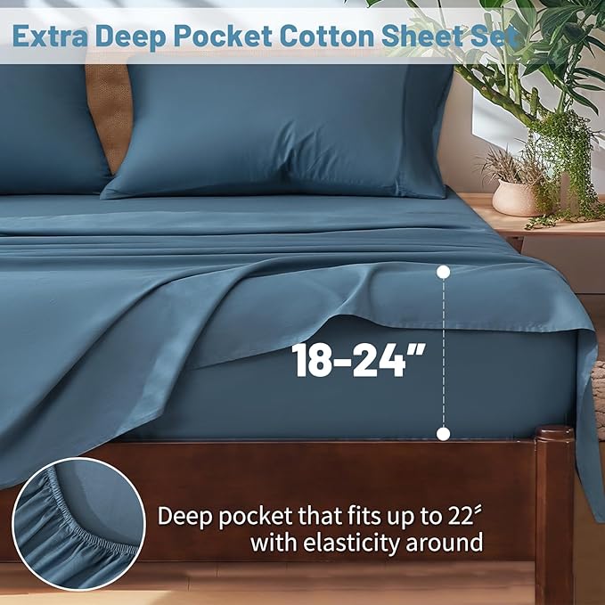 Extra Deep Pocket King Sheets 18-24 Inch 100% Egyptian Cotton 1000 Thread Count Sateen Weave Soft Breathable 4 Pieces（King，Dusty Blue）