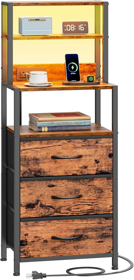 Furnulem Night Stand, Tall Nightstand with 4-Tier Shelves and 3 Fabric Drawers, LED Bed Side Tables with Charging Station, Bedside Table for Bedroom, Hallway, Office, Rustic Brown