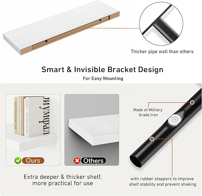 Fun Memories 36Inch Floating Shelves, 9.3Inch Deep Rustic Wall Shelves - Extra Deeper & Thicker Wall Mounted Storage Shelf for Kitchen, Farmhouse - Set of 2 - Rustic White