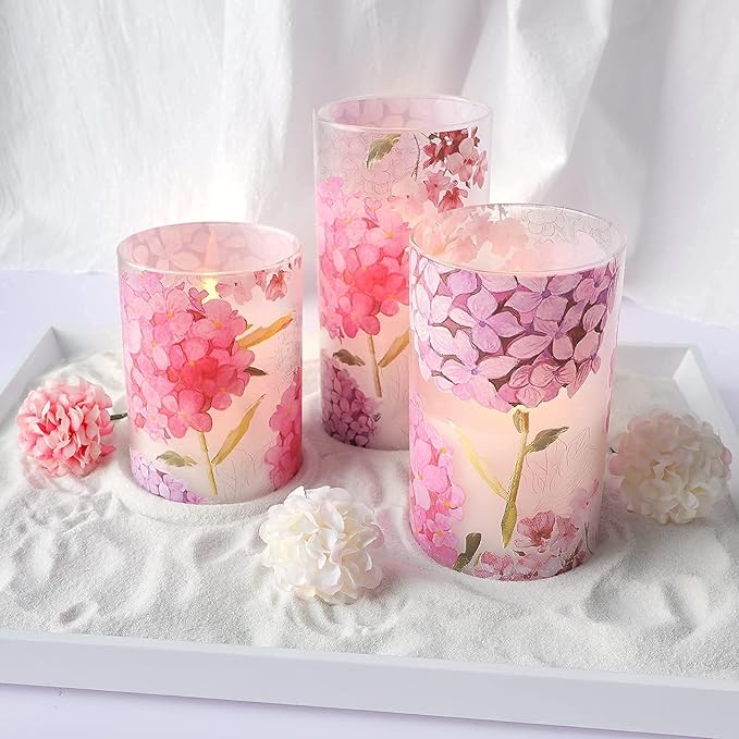 Flameless Candles Flicker LED Flame-Simulated, Pink Hydrangea Love Theme Realistic Glass Candles with Remote Timer, Lady's Gift Home Decor Bedroom Dinner Table Ornament 3" x 4" 5" 6"