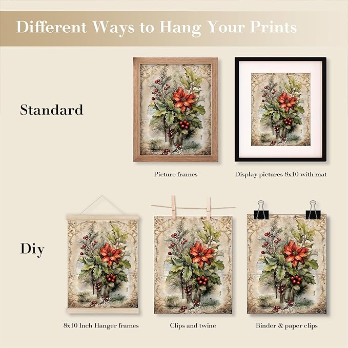 JXREQ Vintage Christmas Pictures Wall Decor Prints,Retro Christmas Wall Art Decorations for Home Kitchen Bedroom Bathroom Living Room Office,Santa Claus Xmas Tree Decor Prints Set of 4,8x10 Unframed
