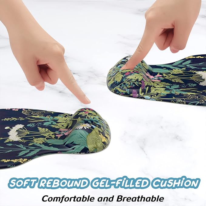 Hsurbtra Ergonomic Mouse Pad with Wrist Rest Support, Gel Mouse Pads with Non-Slip PU Base, Pain Relief Memory Foam Computer Mat, Cute Office Supplies Desk Decro Accessories, Black Flower