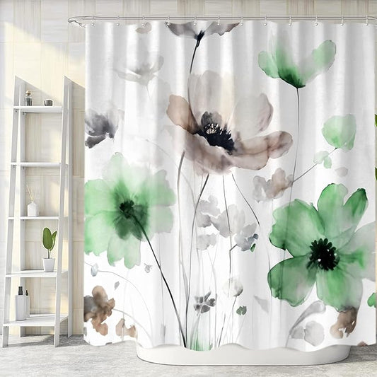 Boho Floral Shower Curtain, Cream Tan Beige Green Grey White Flower Farmhouse Fabric Shower Curtains Set for Bathroom Decorative with Hooks 72 X 72 inch Spring Bath Decor