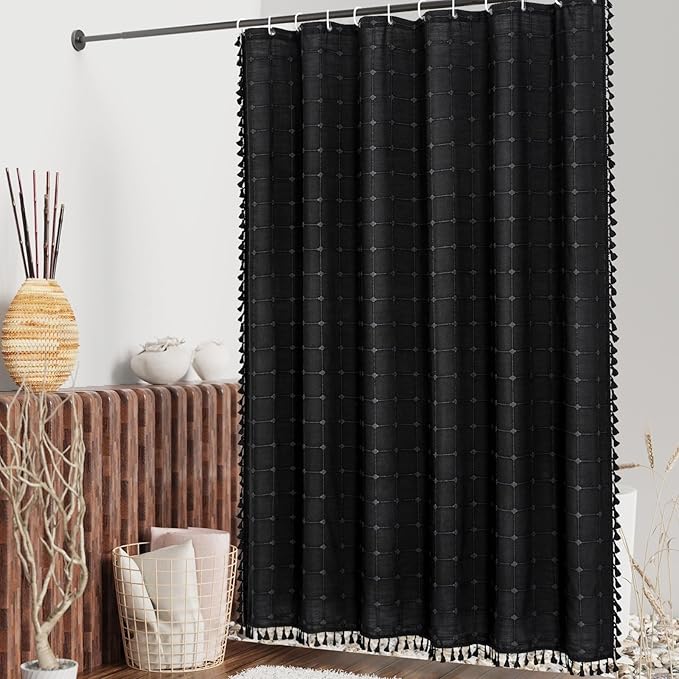 MitoVilla 72 x 78 Black Farmhouse Shower Curtain Set, Boho 78 inch Long Polyester Linen Tassel Fabric Shower Curtain Set for Chic Cottagecore French Rustic Bathroom Decor