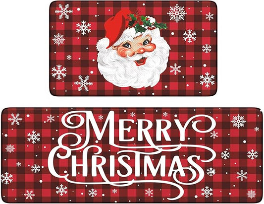 Christmas Kitchen Mats Cushioned Anti Fatigue, Santa Claus Farmhouse Kitchen Floor Mat Non Slip Kitchen Rugs Sets of 2, Buffalo Plaid Kitchen Sink Mats for Home Decor(Red & Black)